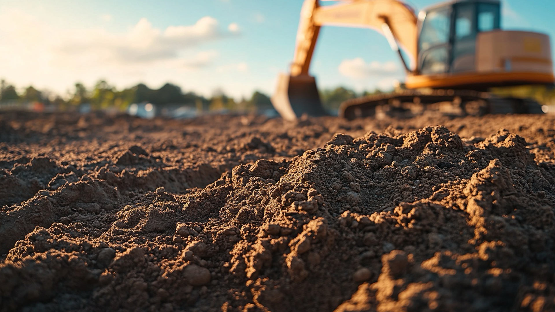 Excavator digging at a construction site for land development.